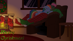 Size: 3840x2160 | Tagged: safe, artist:legendoflink, derpibooru import, rainbow dash, oc, oc:anon, human, pegasus, pony, chair, christmas, christmas stocking, christmas wreath, clothes, cute, dashabetes, duo, eyes closed, female, fire, fireplace, holiday, human male, male, mare, merry christmas, recliner, sleep mask, sleeping, smiling, snow, snowfall, sweater, text, window, wreath