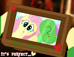 Size: 4500x3500 | Tagged: safe, artist:legendoflink, derpibooru import, part of a set, fluttershy, oc, oc:anon, human, pegasus, pony, bust, dialogue, duo, heart, hearth's warming, holding up, looking at you, picture frame, portrait, simple background, text, wholesome, wingding eyes