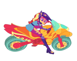 Size: 4500x3559 | Tagged: safe, artist:gmaplay, derpibooru import, sunset shimmer, equestria girls, friendship games, clothes, female, helmet, high res, motorcycle, riding, simple background, solo, transparent background, uniform