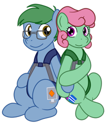 Size: 978x1124 | Tagged: safe, artist:phallen1, derpibooru exclusive, derpibooru import, oc, oc only, oc:software patch, oc:windcatcher, earth pony, pony, 2023 community collab, couple, derpibooru community collaboration, duo, earth pony oc, female, holding hooves, male, oc x oc, parachute, shipping, simple background, sitting, straight, transparent background, windpatch