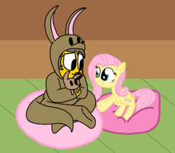 Size: 580x507 | Tagged: safe, artist:haileykitty69, derpibooru import, fluttershy, human, kangaroo, pegasus, pony, ageplay, beanbag chair, clothes, costume, crack shipping, crossed legs, crossover, crossover shipping, cushion, duo, female, fluttermour, kigurumi, looking at each other, looking at someone, male, mare, onesie, pacifier, plushie, seymour skinner, shipping, sitting, smiling, the simpsons