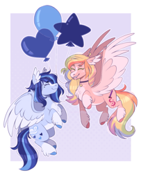 Size: 1063x1307 | Tagged: safe, artist:wanderingpegasus, derpibooru import, oc, oc only, pegasus, pony, balloon, chest fluff, duo, ear fluff, ears, eyes closed, heart, heart balloon, mouth hold, pegasus oc, smiling, spread wings, wings