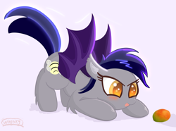 Size: 5420x4034 | Tagged: safe, artist:winstiky, derpibooru import, oc, oc only, oc:echo, bat pony, pony, bat pony oc, blushing, face down ass up, female, food, fruit, imminent nom, mango, mare, solo, spread wings, starry eyes, tongue, tongue out, wingding eyes, wings