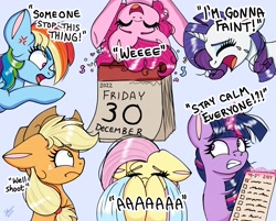 Size: 2343x1882 | Tagged: safe, artist:galaxy swirl, derpibooru import, applejack, fluttershy, pinkie pie, rainbow dash, rarity, twilight sparkle, twilight sparkle (alicorn), alicorn, earth pony, pegasus, pony, unicorn, calendar, checklist, confetti, cross-popping veins, crying, emanata, glowing, glowing horn, horn, magic, magic aura, mane six, ocular gushers, one of these things is not like the others, telekinesis, upside down