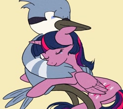 Size: 900x800 | Tagged: safe, derpibooru import, twilight sparkle, twilight sparkle (alicorn), alicorn, bird, blue jay, pony, crossover, crossover shipping, crying, female, hug, male, mordecai, mordetwi, regular show, shipping, simple background, straight