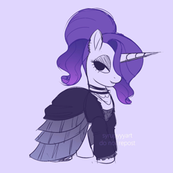 Size: 1597x1597 | Tagged: safe, artist:syrupyyy, edit, ponerpics import, rarity, pony, unicorn, alternate hairstyle, choker, clothes, dress, female, gothic lolita, hair over one eye, lidded eyes, mare, ponytail, purple background, simple background, solo