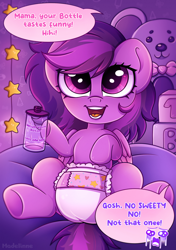 Size: 1690x2403 | Tagged: safe, artist:madelinne, derpibooru import, oc, oc only, oc:emilia starsong, pegasus, pony, bottle, commission, cute, diaper, helium voice, open mouth, open smile, potion, smiling
