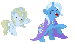 Size: 1086x634 | Tagged: safe, artist:kitty838, derpibooru import, trixie, female, mother and child, mother and daughter, offspring, parent and child, parent:prince blueblood, parent:trixie, parents:bluetrix, simple background, white background