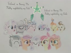 Size: 4160x3120 | Tagged: safe, artist:don2602, derpibooru import, apple bloom, babs seed, cozy glow, diamond tiara, pound cake, princess flurry heart, pumpkin cake, rumble, scootaloo, silver spoon, sweetie belle, alicorn, earth pony, pegasus, pony, unicorn, comic:star of christmas, bow, cake twins, cutie mark crusaders, eyes closed, filipino, fraternal twins, glasses, hair bow, headband, jewelry, lantern, looking up, necklace, siblings, singing, song reference, tiara, traditional art, translated in the description, twins