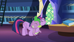 Size: 1920x1080 | Tagged: safe, derpibooru import, screencap, spike, twilight sparkle, twilight sparkle (alicorn), alicorn, dragon, pony, father knows beast, season 8, spoiler:s08, 1080p, ^^, apology, book, bookshelf, cute, daaaaaaaaaaaw, duo, eyes closed, forgiveness, happy, hug, ladder, mama twilight, spikabetes, twiabetes, twilight's castle, wholesome, winged spike, wings