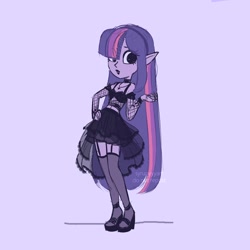 Size: 2500x2500 | Tagged: safe, artist:syrupyyy, derpibooru import, twilight sparkle, equestria girls, choker, clothes, detached sleeves, dress, elf ears, fishnet stockings, gothic lolita, hair over one eye, midriff, purple background, simple background, solo, stockings, thigh highs