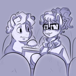 Size: 768x768 | Tagged: safe, artist:smirk, derpibooru import, oc, oc only, oc:mayfly, oc:thrush song, braces, chubby, clothes, date, duo, food, freckles, glasses, monochrome, ponytail, popcorn, theater