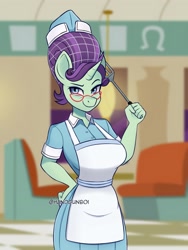 Size: 1620x2160 | Tagged: safe, artist:handgunboi, derpibooru import, anthro, pony, unicorn, apron, background pony, clothes, commission, diner, diner uniform, glasses, hair net, spatula, waitress