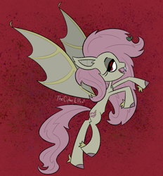 Size: 1060x1140 | Tagged: safe, derpibooru import, fluttershy, bat pony, bat ponified, ear fluff, ears, flutterbat, flying, hair accessory, race swap, red background, simple background