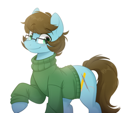 Size: 1000x930 | Tagged: safe, artist:higglytownhero, derpibooru import, oc, oc only, oc:modular, earth pony, pony, blushing, clothes, earth pony oc, glasses, looking at you, male, raised leg, simple background, solo, stallion, sweater, three quarter view, white background