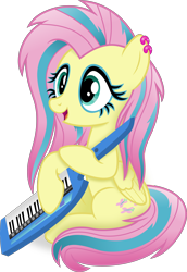 Size: 3088x4498 | Tagged: safe, artist:anime-equestria, derpibooru import, fluttershy, pegasus, pony, alternate hairstyle, cute, ear piercing, female, happy, holding, keytar, mare, musical instrument, piercing, shyabetes, simple background, sitting, solo, transparent background, vector, wings