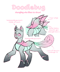 Size: 1000x1200 | Tagged: safe, artist:dozyarts, derpibooru import, oc, oc:doodlebug, changedling, changeling, reference sheet, simple background, solo, white background