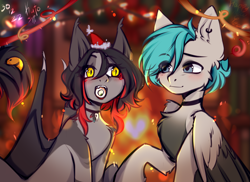 Size: 2637x1923 | Tagged: safe, artist:kutoshi, derpibooru import, oc, oc only, oc:aphelios oil, oc:vine jail, anthro, bat pony, pegasus, pony, anthro oc, choker, christmas, duo, ears, ears up, female, hair, holiday, male, mare