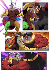 Size: 2880x4096 | Tagged: safe, artist:ponyanony, derpibooru import, discord, lord tirek, centaur, draconequus, taur, comic:muscular discourse, cave, comic, commission, deltscord, duo, duo male, fight, glowing, growth, high res, magic, magic aura, male, muscle expansion, muscles, overdeveloped muscles