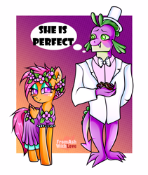 Size: 2450x2900 | Tagged: safe, artist:loverashley, derpibooru import, scootaloo, spike, anthro, digitigrade anthro, dragon, pegasus, pony, blushing, bowtie, clothes, dress, eyelashes, female, floral head wreath, flower, hat, makeup, male, mare, older, older scootaloo, older spike, scootaspike, shipping, straight, suit, thought bubble, tomboy taming, top hat, wedding dress