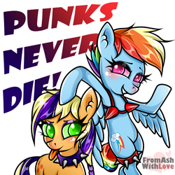 Size: 1900x1900 | Tagged: safe, artist:loverashley, derpibooru import, applejack, rainbow dash, earth pony, pegasus, pony, :p, alternate hairstyle, bipedal, blushing, bra, choker, clothes, duo, ear fluff, ears, eyelashes, grin, punk, simple background, smiling, spiked choker, spiked wristband, tongue, tongue out, underwear, white background, wings, wristband