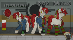 Size: 2514x1376 | Tagged: safe, artist:tarsaqus, derpibooru import, oc, pony, unicorn, fallout equestria, 3d glasses, candy, candy cane, clothes, fallout, female, glasses, mare, pipbuck, post-apocalyptic, red hair, reference sheet, socks, solo, stable-tec, standing, striped socks, vault suit, white skin