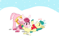 Size: 1011x662 | Tagged: safe, alternate version, artist:princessdestiny200i, derpibooru import, alice the reindeer, bori the reindeer, deer, reindeer, christmas, cute, duo, female, holiday, laughing, lying down, on back, raspberry, snow, tickle torture, tickling, tummy buzz, unshorn fetlocks