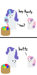 Size: 1000x2000 | Tagged: safe, artist:2merr, ponerpics import, rarity, sweetie belle, 2 panel comic, :), >:(, blob ponies, butts, comic, dialogue, dot eyes, duo, duo female, female, magic, rarity is not amused, simple background, smiley face, smiling, telekinesis, unamused, white background, yarn, yarn ball