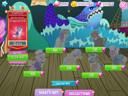 Size: 2048x1536 | Tagged: safe, derpibooru import, idw, dusty swift, gladmane, sapphire shores, earth pony, pegasus, pony, unicorn, beard, big bucks, bow, bowtie, clothes, coin, collection, costs real money, dress, english, facial hair, female, gameloft, gem, glasses, group, hair bow, hat, horn, idw showified, jewelry, las pegasus resident, male, mare, necklace, necktie, numbers, official, pants, penn jillette, scarf, spread wings, stage, stallion, suit, text, timer, top hat, trotsky (character), wings, zen moment