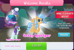 Size: 1276x858 | Tagged: safe, derpibooru import, dusty swift, gladmane, earth pony, pegasus, pony, bowtie, bundle, clothes, costs real money, dress, english, female, gameloft, jewelry, las pegasus resident, male, mare, necklace, numbers, official, spread wings, stage, stallion, suit, text, wings, zen moment