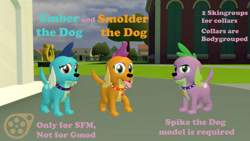 Size: 1192x670 | Tagged: safe, artist:ponygamer2020, artist:ponygamersfm, derpibooru import, princess ember, smolder, spike, spike the regular dog, dog, equestria girls, 3d, canterlot high, collar, cute, dog collar, dog tags, dogified, download at source, downloadable, ember the dog, logo, looking at you, puppy, sad, smiling, smiling at you, smolder the dog, smolderbetes, source filmmaker, species swap, spike the dog, tongue, tongue out, trio, uncomfortable