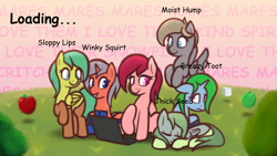 Size: 1920x1080 | Tagged: safe, derpibooru import, oc, oc only, oc:breezy toot, oc:mare mare, oc:moist hump, oc:sloppy lips, oc:thick seed, oc:winky squirt, pony, computer, female, game, laptop computer, loading screen, mare, marequest