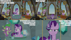 Size: 4400x2475 | Tagged: safe, derpibooru import, edit, edited screencap, editor:quoterific, screencap, spike, starlight glimmer, dragon, pony, unicorn, a matter of principals, season 8, spoiler:s08, female, male, mare, telescope, winged spike, wings