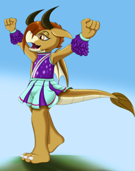 Size: 2580x3272 | Tagged: safe, artist:neondragon, derpibooru import, ocellus, dragon, arms in the air, blue sky, cheerful, cheerleader, cheerleader ocellus, cheerleader outfit, clothes, disguise, disguised changeling, dragon ocellus, dragoness, female, gradient background, pom pom, skirt, solo