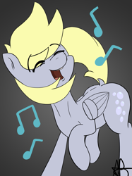 Size: 915x1225 | Tagged: safe, artist:mranthony2, derpibooru import, derpy hooves, pegasus, pony, cute, dancing, derpabetes, female, happy, music notes, open mouth, simple background, solo