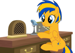 Size: 1280x896 | Tagged: safe, artist:mlpfan3991, derpibooru import, oc, oc only, oc:flare spark, pegasus, cabinet, female, microphone, radio, simple background, sitting, solo, stool, transparent background