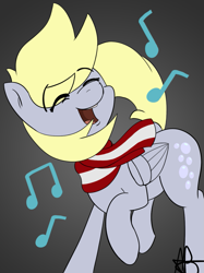 Size: 915x1225 | Tagged: safe, alternate version, artist:mranthony2, derpibooru import, derpy hooves, pegasus, pony, clothes, cute, dancing, derpabetes, female, happy, music notes, open mouth, scarf, simple background, solo, striped scarf