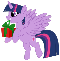 Size: 2850x2892 | Tagged: safe, artist:starshade, artist:twilyisbestpone, derpibooru import, twilight sparkle, twilight sparkle (alicorn), alicorn, pony, adorkable, base used, cute, dork, female, flying, high res, mare, mouth hold, present, simple background, smiling, solo, spread wings, transparent background, twiabetes, wings