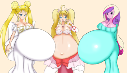 Size: 2900x1668 | Tagged: safe, artist:りょうつ, derpibooru import, princess cadance, human, mermaid, equestria girls, bare belly, beautiful, belly button, crossover, cute, female, hyper, hyper belly, hyper pregnancy, impossibly large belly, lucia nanami, mermaid melody, multiple pregnancy, neo queen serenity, outie belly button, pregdance, pregnant, sailor moon, shiny, trio, trio female