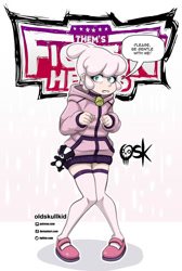 Size: 1347x2000 | Tagged: safe, artist:oldskullkid, derpibooru import, pom lamb, human, lamb, sheep, them's fightin' herds, bell, choker, clothes, community related, female, humanized, jacket, looking at you, please be gentle, puppy, shoes, socks, solo, speech bubble, thigh highs