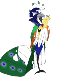 Size: 1823x2388 | Tagged: safe, artist:madtown97, derpibooru import, oc, bird, demon, original species, peacock, cape, clothes, glasses, male, peacock feathers, piebald coat, scroll, simple background, slender, slim, solo, transparent background