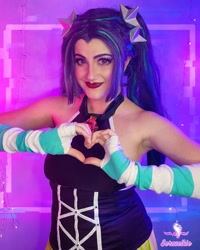 Size: 1080x1350 | Tagged: safe, artist:sarahndipity cosplay, derpibooru import, aria blaze, human, equestria girls, armpits, bare shoulders, breasts, clothes, cosplay, costume, heart hands, irl, irl human, photo, sleeveless, solo
