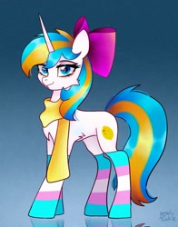 Size: 1074x1368 | Tagged: safe, artist:peptwinklr, derpibooru import, oc, oc only, pony, unicorn, bow, clothes, hair bow, pride, pride flag, reflection, scarf, slim, socks, solo, striped socks, transgender pride flag