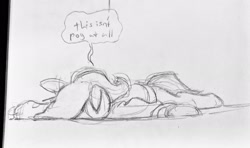 Size: 2048x1212 | Tagged: safe, artist:horsewizardart, derpibooru import, trixie, pony, unicorn, clothes, faceplant, female, grayscale, hoodie, mare, monochrome, pencil drawing, sketch, solo, speech bubble, traditional art