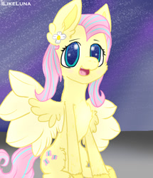 Size: 634x738 | Tagged: safe, artist:ilikeluna, derpibooru import, fluttershy, pegasus, pony, daisy (flower), flower, fluffy, happy, open mouth, open smile, smiling, solo, spread wings, wings