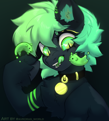 Size: 2700x3000 | Tagged: safe, artist:avroras_world, derpibooru import, oc, oc only, cat, earth pony, ghost, hybrid, pony, undead, black background, chest fluff, collar, commission, ear fluff, ears, fangs, female, green eyes, mare, short hair, short mane, simple background, solo, tongue, tongue out