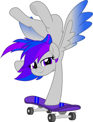 Size: 3806x5000 | Tagged: safe, artist:jhayarr23, derpibooru import, oc, oc only, oc:inkwell stylus, pegasus, pony, absurd resolution, colored wings, feral, gradient wings, handstand, looking at you, pegasus oc, show accurate, simple background, skateboard, smiling, smiling at you, solo, spread wings, transparent background, upside down, wings