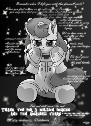Size: 2894x4023 | Tagged: safe, artist:lincolnbrewsterfan, derpibooru exclusive, derpibooru import, oc, oc only, oc:unending end, earth pony, pony, .svg available, and this is to go even further beyond, anniversary, badge icon image, bodysuit, brony history, clothes, cosplay, costume, crossover, curly tail, cute, cute smile, derpibooru, derpibooru badge, derpibooru legacy, dock, doom paul, ear fluff, ears, encouragement, encouraging, equestria font, exploitable meme, female, freckles, get, gift art, gradient background, gray background, gray coat, gray eyes, gray mane, gray tail, greatest internet moments, happy tenth anniversary derpibooru, hoof heart, index get, inkscape, inspired by another artist, looking at you, mare, meta, meta in context, milestone, monochrome, motivational, movie accurate, nc-tv signature, neon genesis evangelion, no base, ocbetes, palindrome get, paying it forward, plugsuit, ponibooru legacy, ponified, positive message, positive ponies, raised hoof, raised hooves, raised leg, rebirth, reference, reflection, rei ayanami, semi-movie accurate, signature, simple background, sitting, smiling, smiling at you, solo, stars, style emulation, subverted meme, svg, tail, tenth anniversary, text, thank you, thank you atryl, the end wasn't the end, the last image ever posted on ponibooru, the ride never ends, tribute, trixie's cutie mark, underhoof, vector, vivaldi font, vladmir script (font), wall of tags, website, you guys are awesome and i love you