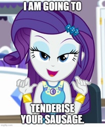 Size: 500x602 | Tagged: safe, derpibooru import, edit, edited screencap, screencap, rarity, human, camping must-haves, equestria girls, spoiler:eqg series (season 2), bedroom eyes, caption, clothes, eyebrows, eyeshadow, female, looking at you, makeup, meme, open mouth, open smile, smiling, smiling at you, solo, text