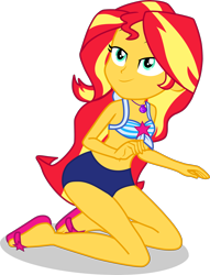 Size: 2482x3252 | Tagged: safe, alternate version, artist:dustinwatsongkx, derpibooru import, sunset shimmer, human, equestria girls, accessory swap, bare shoulders, bikini, clothes, clothes swap, eyebrows, female, geode of telekinesis, high res, kneeling, lidded eyes, looking up, magical geodes, sandals, sci-twi swimsuit, simple background, sleeveless, smiling, solo, swimsuit, swimsuit swap, transparent background